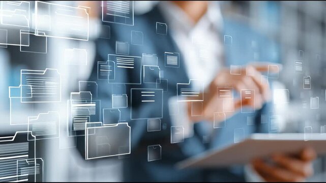 Digital Data Management: A focused professional, poised and ready, navigates a digital interface, managing essential data. Highlighting information organization and tech proficiency.