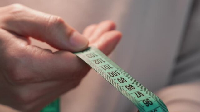 Green tape measure for body measurements.
A long measuring tape in the hands of an athlete.
A person stretches a measuring tape lengthwise.