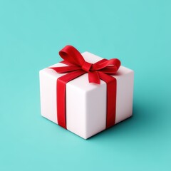 Obraz premium A simple, elegantly wrapped gift box with a red ribbon sits against a turquoise background, evoking feelings of joy and celebration.