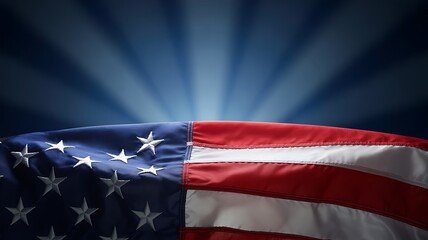 American flag displayed with dramatic spotlight and dark background
