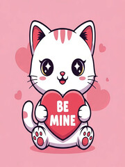 Obraz premium Cute cartoon cat holding a 'be mine' heart on a pink background