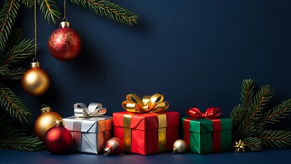 Festive Holiday Scene with Red Green and Gold Presents Ornament Baubles and Pine Tree Branches on Deep Blue Background Creating Sophisticated Seasonal Ambiance 200 Characters