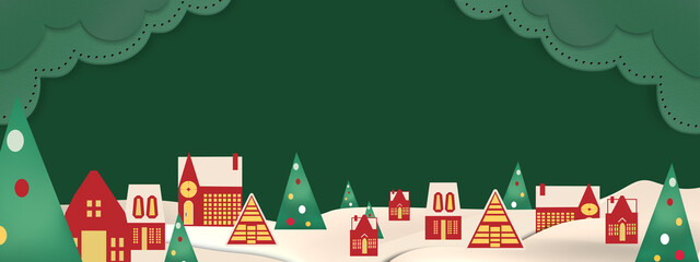 Green Merry christmas and happy new year greeting card banner paper art style with snowy winter landscape red village and christmas background with christmas tree, christmas background with stars