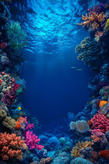 Fototapeta premium Underwater Coral Reef Frame with Deep Blue Ocean Copyspace