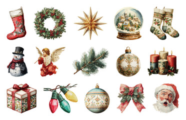 Obraz premium PNG Vintage Christmas holiday decoration collection, element set on transparent background