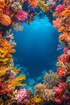 Vibrant Underwater Coral Reef Frame with Blue Ocean Copyspace