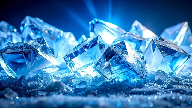 Sparkling Ice Crystals: Abstract Blue Diamond Formation with Light Rays and Frozen Ground