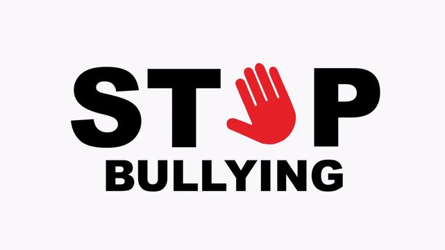 Text stop bullying with a red hand graphic, ideal for anti bullying campaigns, educational materials, posters, social media posts, and presentations.