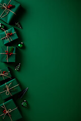 A sophisticated Christmas background with an elegant side border of green gift boxes on a dark green surface.
