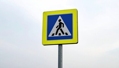 Pedestrian Crossing Sign Yellow and Blue Road Safety Symbol for Walkways and Crosswalks