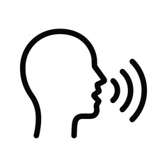 Speech icon showing a persons profile emitting sound waves, isolated on
