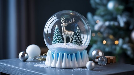 Elegant christmas snow globe with reindeer and winter decorations
