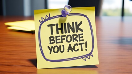 Motivational reminder note reading think before you act on office desk
