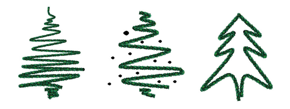 christmas tree made of ribbon, christmas tree made of ribbon, illustration set of christmas trees, hand-drawn scribble in doodly style isolated