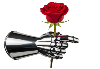 Robotic hand holding a single red rose against a black background
