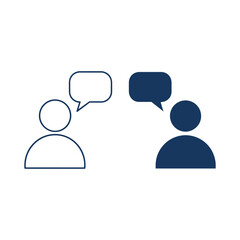 Two people interacting with speech bubbles in a minimalist design