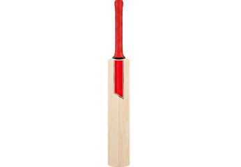 Wooden cricket bat with red grip and strips on black background
