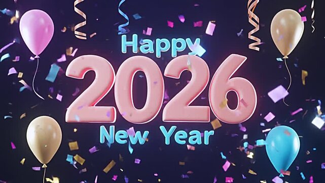 Happy New Year 2026 pastel balloon animation loop with glowing 3D text and confetti
