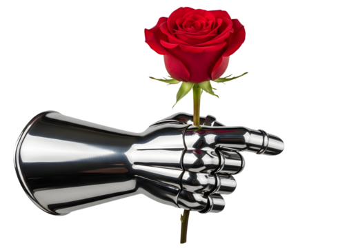 Robotic hand holding a single red rose against a black background