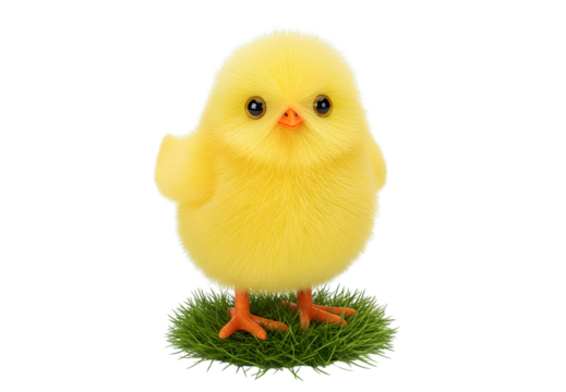 Fluffy yellow easter chick standing on green grass against a black background