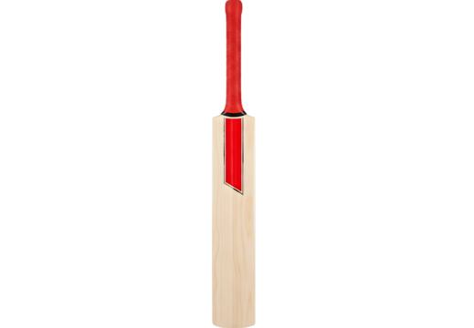 Wooden cricket bat with red grip and strips on black background