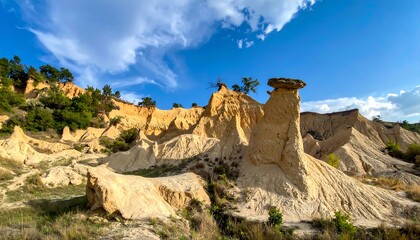 Fototapeta premium Eroded clay hills under a blue, partly cloudy sky, with sparse trees atop some hills