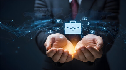 "Hands Holding Holographic Briefcase Icon with Digital Network Glow — Secure Cloud Business Services, Data Protection and IT Solutions Concept"

