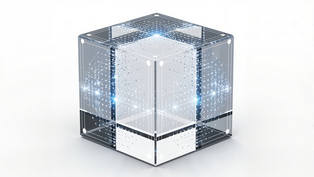 A transparent glowing cube with digital particles inside on a white background