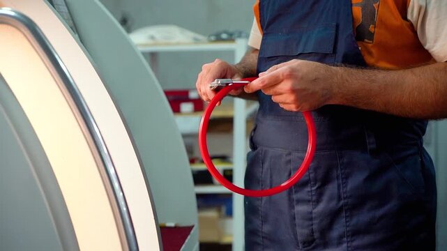Production of seals on the CNC machine. the worker measures the dimensions of the rubber gasket with a vernier caliper