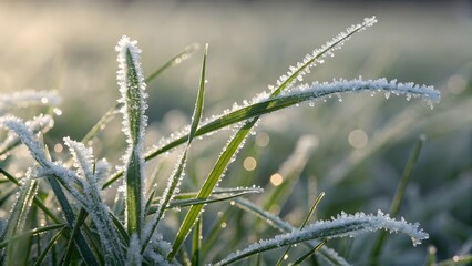 Close up of green grass blades covered in frost on a cold morning with a blurred background view