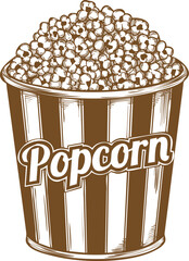 An engraving art style illustration vintage style hand drawn illustration of a bucket of popcorn, perfect for cinema or snack themes