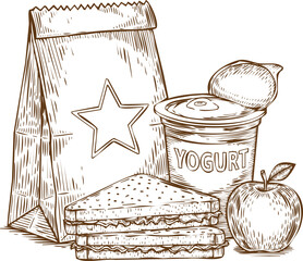 An engraving art style illustration hand drawn sketch of a healthy school lunch packed in a paper bag with a sandwich, yogurt, apple, and lemon