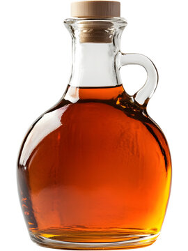Classic round glass bottle of maple syrup isolated on transparent background, ideal for food branding, sweet product promos, and culinary design visuals..