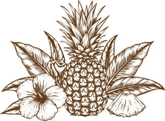 An engraving art style illustration vintage sketch illustration of a whole pineapple surrounded by tropical leaves and a hibiscus flower