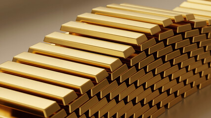 A stack of gold bars arranged in a symmetrical shape  