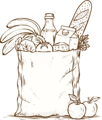An engraving art style illustration hand drawn sketch of a paper grocery bag filled with food items like bread, fruit, and bottles
