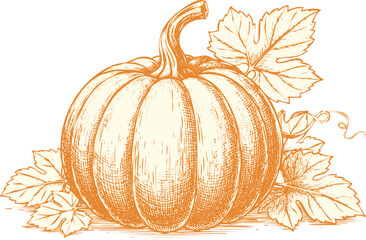 An engraving art style illustration hand drawn sketch of a ripe pumpkin with leaves, , perfect for autumn and harvest illustration