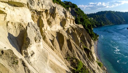 Eroded cliffside slopes down towards a river, with trees along its top and edge, under a blue, clouded sky