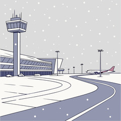 Obraz premium Snowy Airport Scene Control Tower Terminal and Airplane.