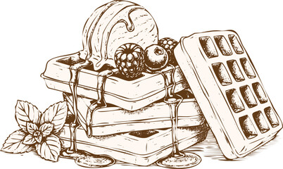 An engraving art style illustration hand drawn sketch of stacked waffles topped with a scoop of ice cream, berry, and mint leaf garnish