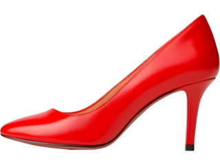 Glossy red high-heel shoe seen from the back, isolated on transparent background, perfect for fashion branding, luxury style edits, and bold feminine visuals.