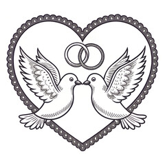 "Two Doves with Wedding Rings in Heart Frame - Romantic Love Doves Illustration"