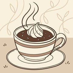 Stylized Cup of Coffee with Steam and Saucer Illustration.