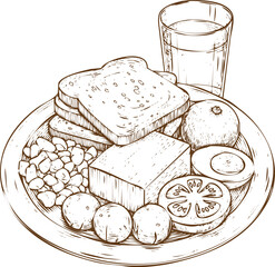 An engraving art style illustration hand drawn sketch illustration of a full vegetarian breakfast plate with toast, baked bean, mushroom, and glass of juice