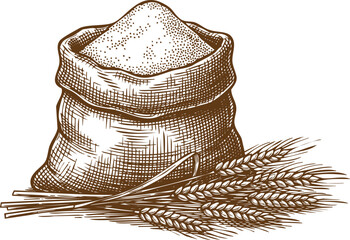 An engraving art style illustration vintage hand drawn sketch of a sack full of flour next to several stalks of wheat