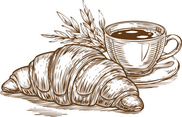 An engraving art style illustration hand drawn sketch of a delicious croissant pastry with a cup of coffee and wheat stalks