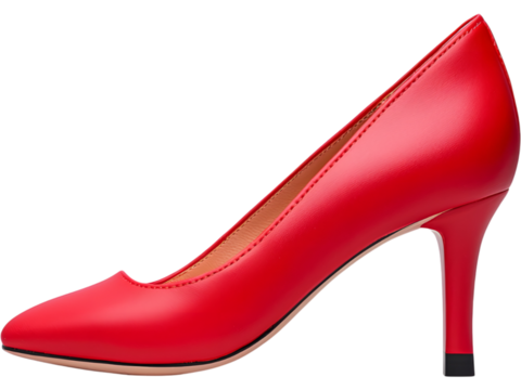 Classic red high-heel shoe isolated on transparent background, perfect for fashion layouts, elegance-themed designs, beauty promos, and stylish feminine branding. - Powered by Adobe