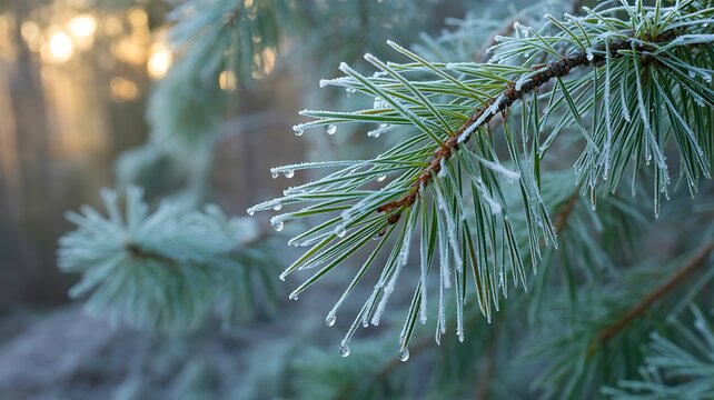 Frost covered pine needles in winter forest nature scene