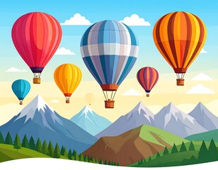 Colorful hot air balloons float above mountains in a bright, vibrant, stylized, sunny, nature-filled illustration