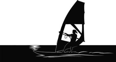 Black silhouette of a windsurfer on white background, windsurfing, windsurfer, silhouette, black and white, water sport, ocean, sea, sailing, extreme sport, active lifestyle, recreation, leisure, spor